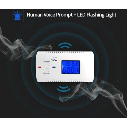Battery Operated Smart Carbon Monoxide Detector CO Gas Sensor Alarm with Human Voice Prompt LED Flashing Warning Time Display