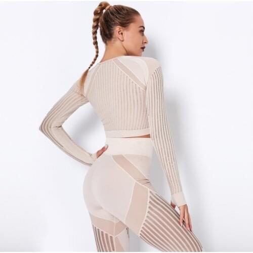 Two -Piece Hollow Out Sports Shirts Seamless Crop Tops Long Sleeve Fitness Yoga Shirts Gym Workout Sports Tops Fitness Sports