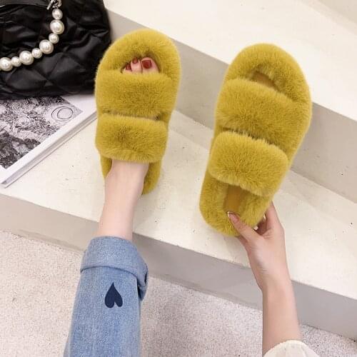 RALSWNAY 2021 Fashion Slippers Women Faux Fur Slippers Cozy Furry Slides Open Toe Slip On Soft House Floor Plush Indoor Shoes