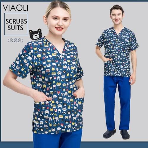 Hospital Nursing Uniform Women Short Sleeve V-Neck Scrubs Tops Print Blouse Care Workers Protective Medical Surgical Clothing