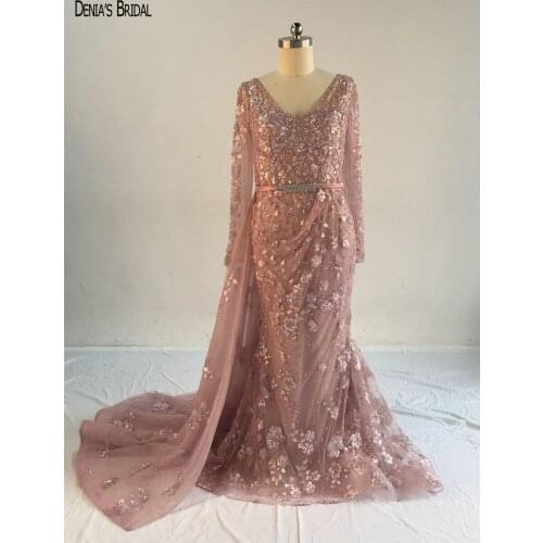 Nude Pink Mermaid Evening Dresses with Long Sleeves V Neck Sequins Sweep Train Evening Gowns