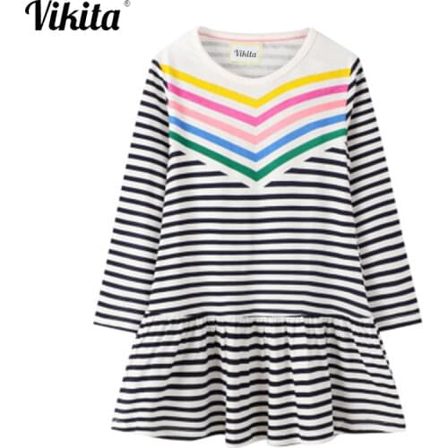 VIKITA Girl Striped Cotton Dresses with Animal Applique Vestidos Kids Unicorn Party Dresses for Girls Clothes Casual Dress 2-7Y