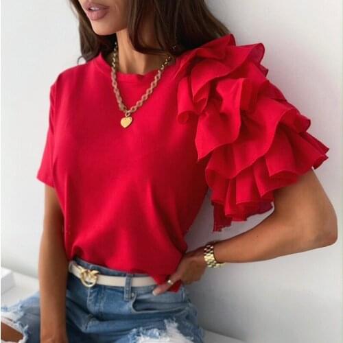 QINJOYER Ruffle Blouse Shirts Women O Neck Blouses Women Short Sleeve Solid Blouses Sweet T Shirts Fashion Ladies Casual Blouse