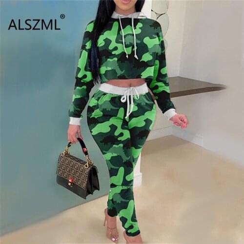 Camouflage Print Women Set Hoodies Crop Top And Long Pant Suit Autumn Winter 2 Pieces Matching Suit