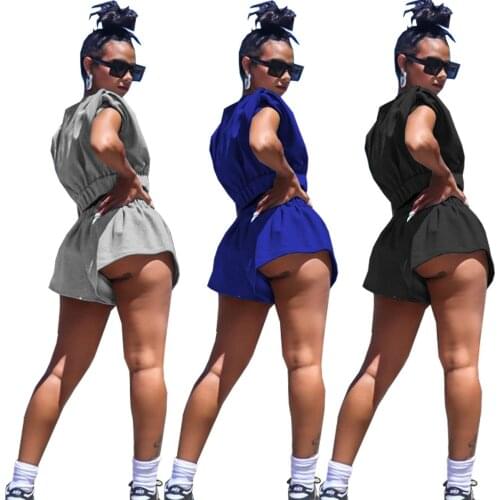 Casual Sports Solid Two Piece Set Women Harajuku Oversized Short Sleeveless Shirring Top Sexy Stretchy Waist Lounge ware Outfits