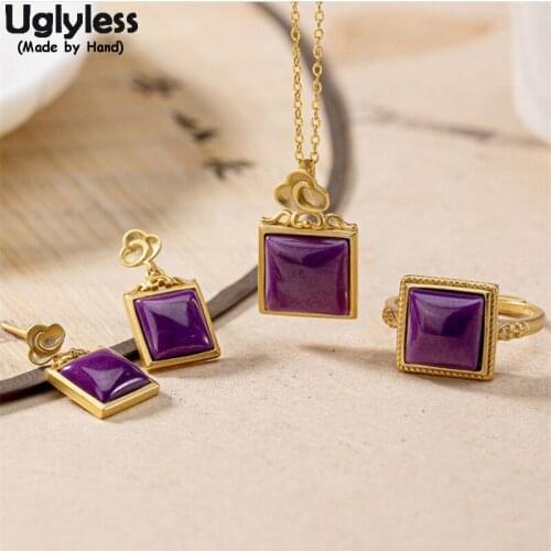 Uglyless Noble Purple Mica Jewelry Sets for Women Simple Square Gemstones Necklaces Earrings Rings Set 925 Silver Clouds Jewelry
