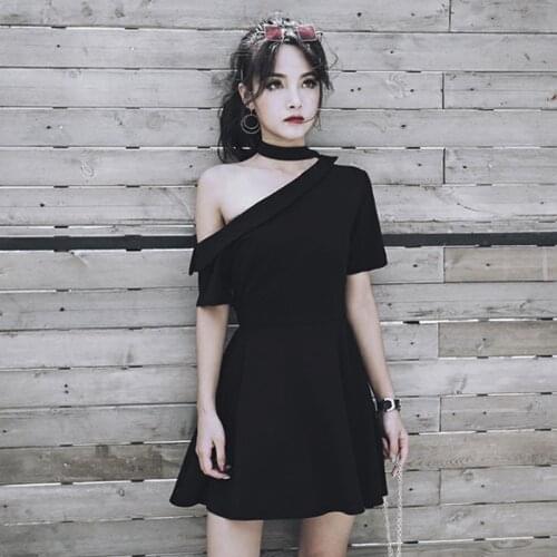 Women Dresses Sexy Asymmetric Design Summer Dress For Gothic Girl Chic Choker Off Shoulder Design Black