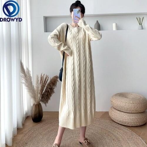 2021 Autumn and Winter Black Long Over-the-knee Loose Slim Twist Sweater Dress Women Stretch Pullover Knitted A-line Party Dress