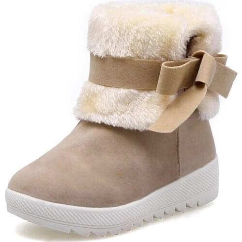 Winter Womens Snow Boots Flat Bowknot Lovely Pure Color Warm Cotton Shoes Tube Suede Genuine Non-Slip Girls Boot 2021 New