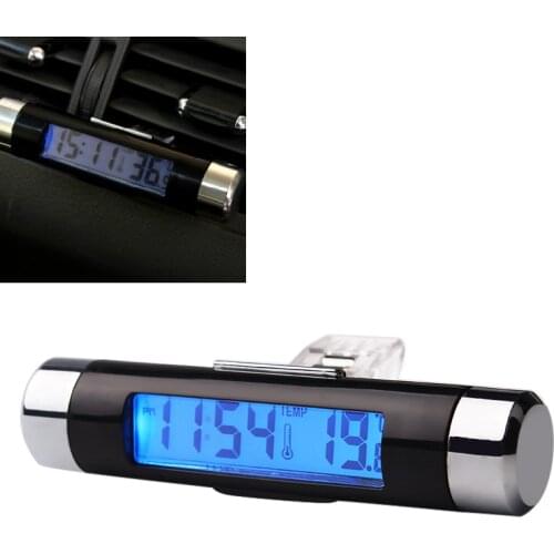 2 in 1 Portable Car Digital Time Clock Auto Accessories Blue Backlight LCD Display Screen Air Vent Outlet Thermometer
