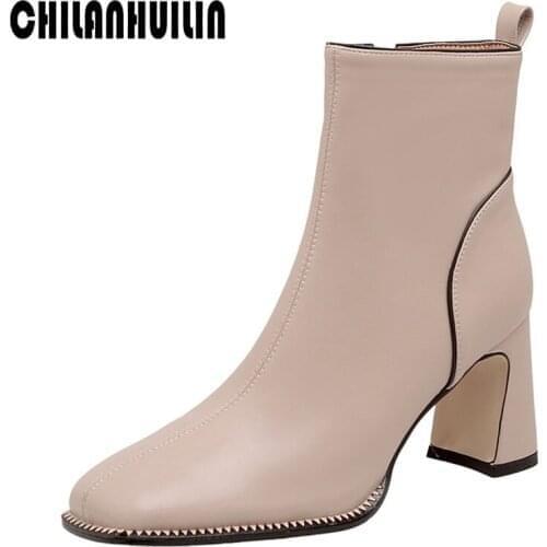 Women shoes western high quality cow leather ankle booties square toe autumn winter rubber boots high heel gothic shoes woman