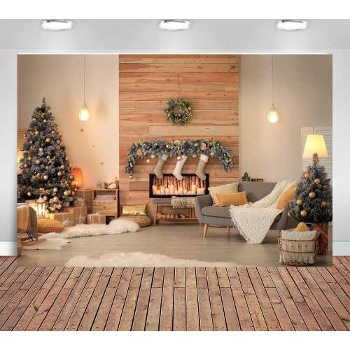 Christmas Background Board Texture Wood Wall Xmas Tree Gift Light Fireplace Home Interior Scene Photographic Backdrop