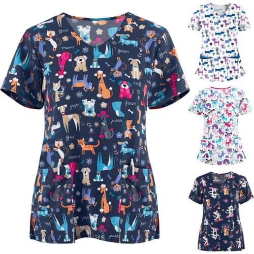 Uniform Enfermera Women Short Sleeve V-neck Tops Working Uniform Cartoon Animal Print Blouse Nurse Top медицинский костюм жен q5