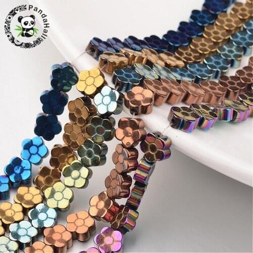 Electroplate Non-magnetic Synthetic Hematite Beads Strands, Flower, Mixed Color, 8x3mm, Hole: 1mm; about 54pcs/strand, 15.7"