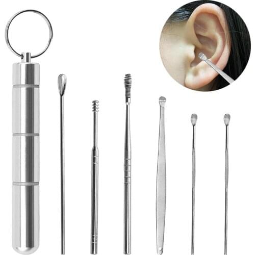 Holaroom 6 Pcs/Set Stainless Steel Ear-pick Multifunction Ear Wax Removal Cleaner Portable Ear Pick Ear Care Clean Earwax Tools