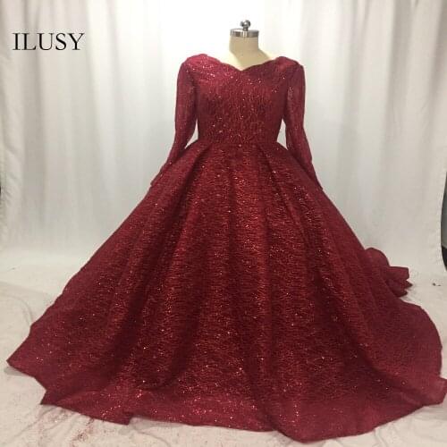 ILUSY Wine Red Prom Dress Glitter Elegant Sequins Wavves V-Neckline Evening Gown Prom Party Gown vestido de festa