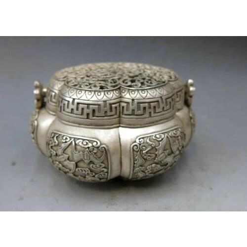 China silver handwork carved beautiful censer dragon bat incense burner Statue