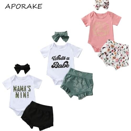 2021 0-24M Infant Baby Girl Clothing Set What a Babe Letter Print Short Sleeve Romper+Floral High Waist Shorts+Headband Summer