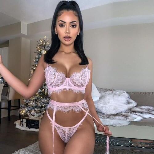 2021 Fashion Sexy Lingerie Sets Push Up Plus Size V-neck Bra +thong +garter Underwear Fashion Bra Set