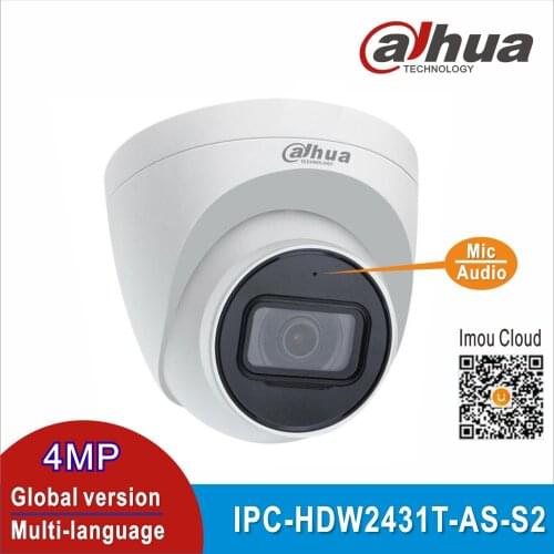 Free shipping Dahua Original IPC-HDW2431T-AS-S2 4MP HD POE IR Starlight Dome Camera Built in MiC SD Card Slot H.265 IP67 30M