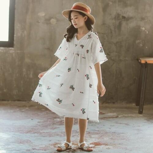 Girls Summer Dress 2020 New Arrival Teen Girls Cotton Floral Embroidered Loose Casual Dress Kids Girls Cute Beach Dress, #8774