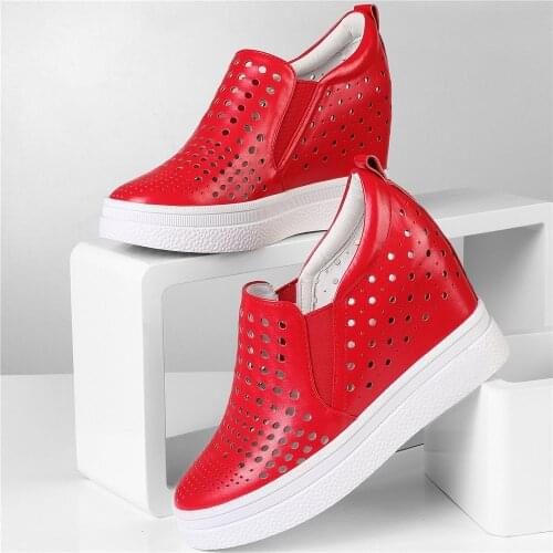 Slip On Loafers Shoes Women Hollow Genuine Leather Wedges High Heel Pumps Female Summer Round Toe Fashion Sneakers Casual Shoes