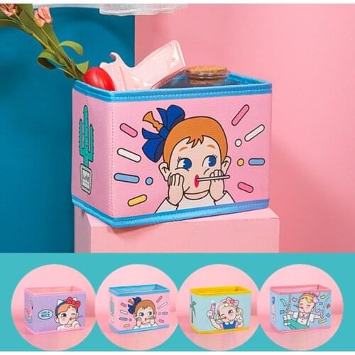 Cute Kawaii Pen Stationery Holders PU Pencil Organizer Desk Set Accessories Office School Square Container desktop Storage Box