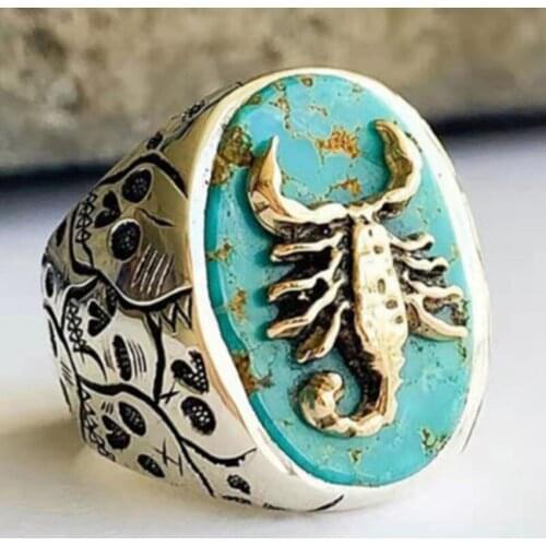 Unique Silver Color Engraved Domineering Male Skull Scorpion Turquoise Ring for Men Party Jewelry Accessories Size 6-14