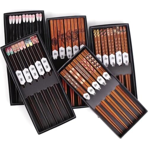 Vintage Wooden Chopsticks Set Simple Indonesia Iron Wood Chop sticks Black Gift Box Five Pairs Tableware Kids Portable natural