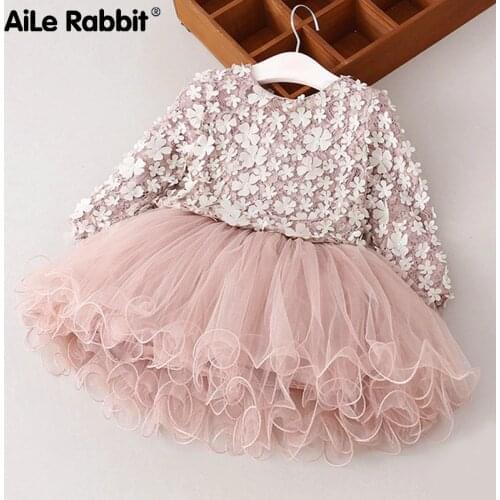 AiLe Rabbit Dress New Lace Flower Princess Dress 2018 Spring Girls Dress Winter Long Sleeve Petals Girls Clothes kids dresses