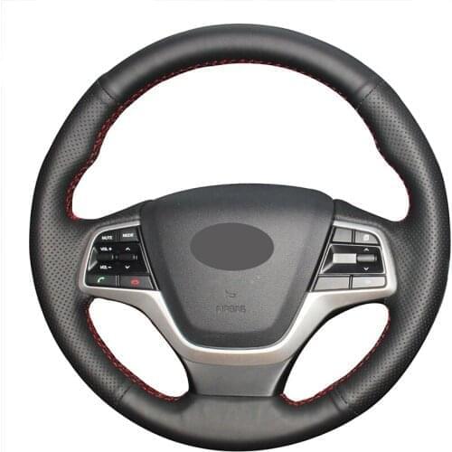 Hand-stitched Black PU Faux Leather Car Steering Wheel Cover for Hyundai Solaris Elantra 4 Accent 2017 2018 2019 2020