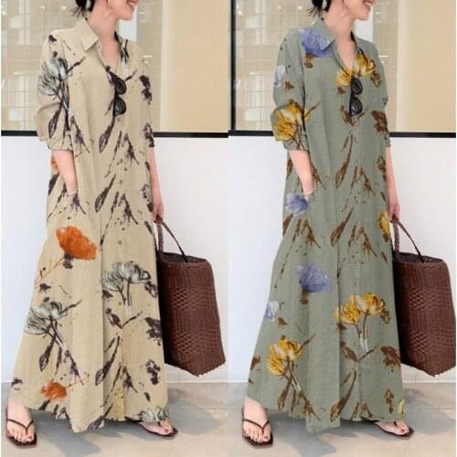 S-5XL Long Sleeve Lapel Dress 2021 Summer New Fashion Elegant Temperament Casual Ladies Dashiki Print Loose Carfront Dress