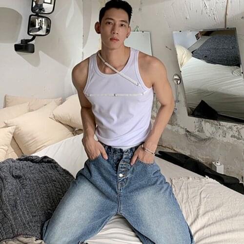 Sexy Men Summer Sleeveless Bottom Pure Tie White Ribbon Design Sense Sport Vest