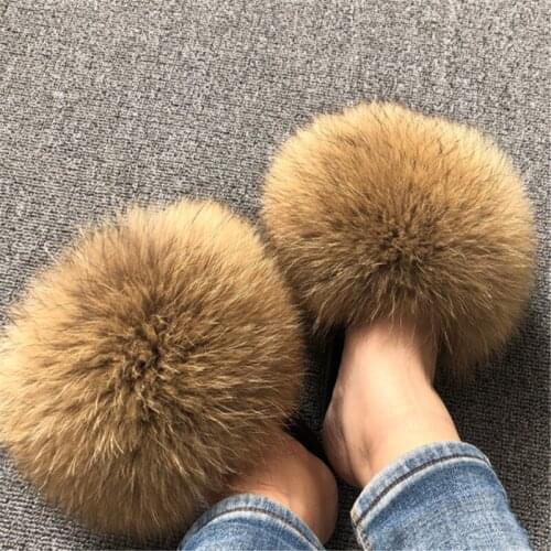 Wholesale Womens Fox Fur Flip Flops Winter Girls Fluffy Fur Slippers Indoor Warm Home Shoes Ladies Furry Slides Plush Sandals
