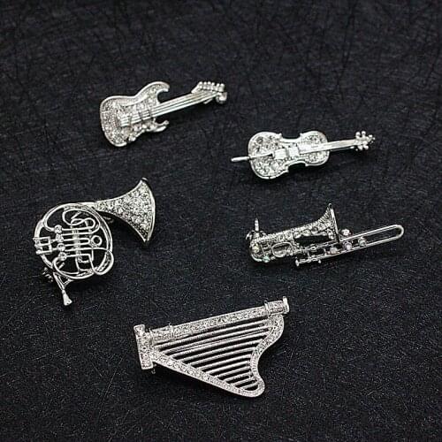 WEIYU Trendy Rhinestone Musical Instruments Brooch Pin For Women&Men Sax Violin Harp Trombone Gitar Collar Pin Fashion Jewelry