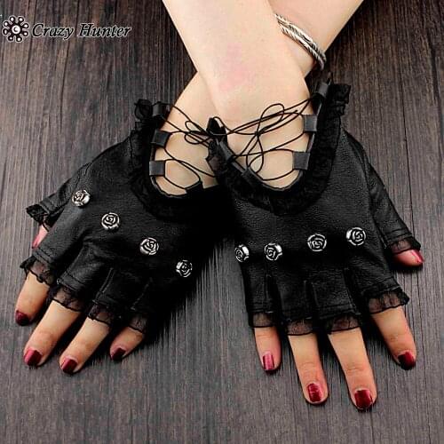 Metal Studded Punk Rock Biker Womens Fingerless Real Leather Gloves #3032