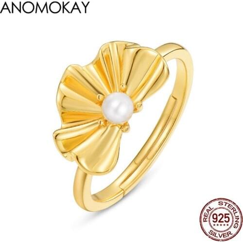 Anomokay New Gesanghua Shell Pearl Gold Color Ring Real Sterling 925 Silver Ring Adjustable Jewelry for Women Mom Girl Gift