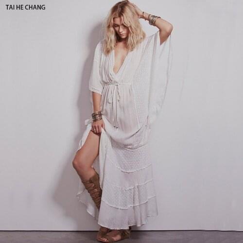 Women high-end vestidos elegant vintage bohemian runway beach sexy backless embroidery loose batwing sleeve long maxi dress