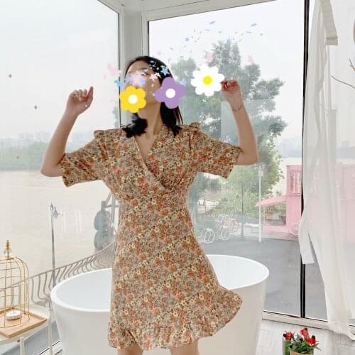 Floral Dress New French Romantic V-neck Waist Retro Chiffon Knee-lenght Dress Female Summer Vestidos Mujer