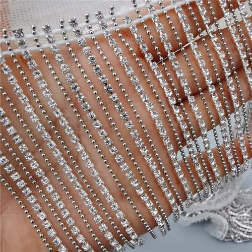 1 feet 9cm wide Glitter Silver Tassel Rhinestone Chain Fringe Beaded Metal Strass Trim Banding Crystal for Dress Decoration