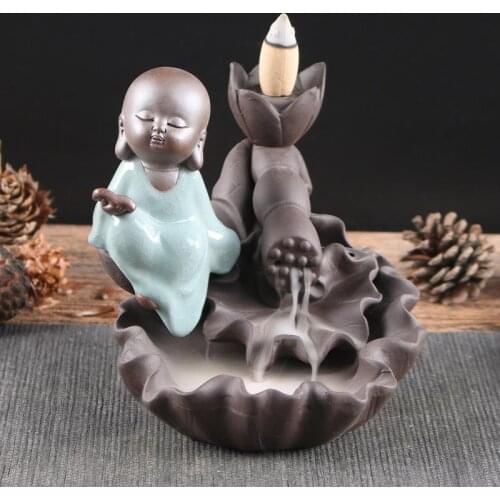 20Pcs Incense Cones + 1Pc Burner The Little Monk Small Buddha Censer Ceramic Waterfall Backflow Incense Burner Holder Home Decor