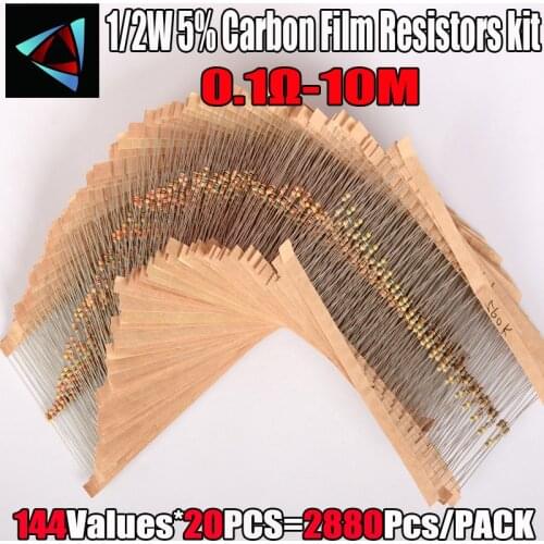 1/2W 5% 144valuesX20pcs=2880pcs Carbon Film Resistor Kit 0.5W 0.1 ohm - 10M Torlerance Resistor Pack for DIY New
