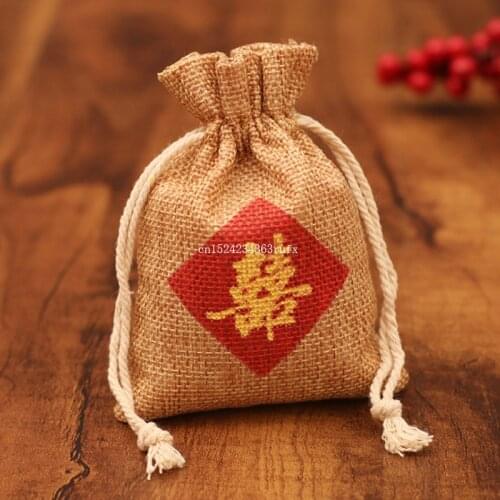 50pcs Burlap Candy Gift Bag Favor Bag Chinese Words " Double Happiness " Printing Wedding Marriage Party Bags