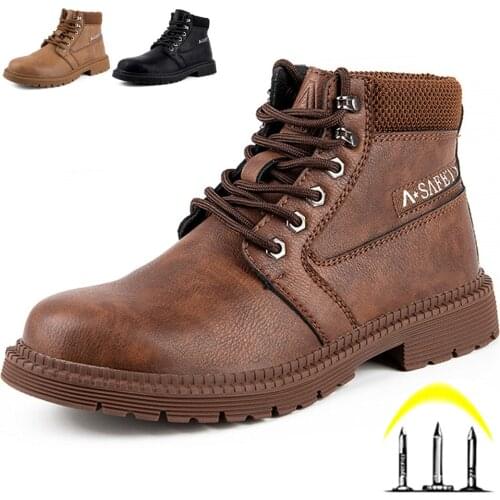 Anti Smashing Puncture-Proof Steel Toe Safety Boots Men Non-slip Waterproof Ankle Working Shoes Indestructible Leather Work Boot