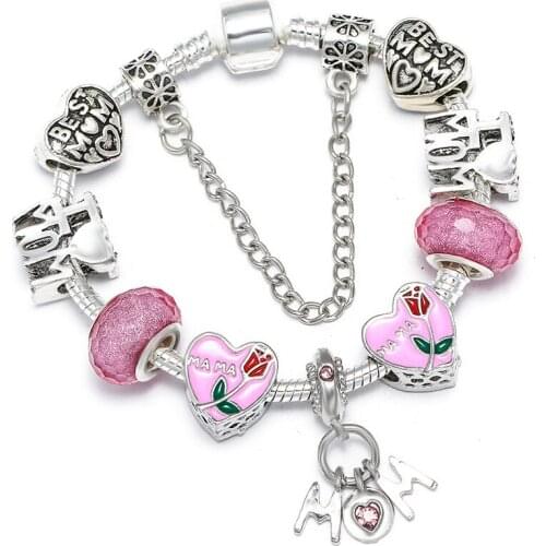 BAOPON Silver Color Crystal I LOVE MOM Beads Charm Bracelets Fits Original Beads Bracelets For Women Mother Pulsera Jewelry