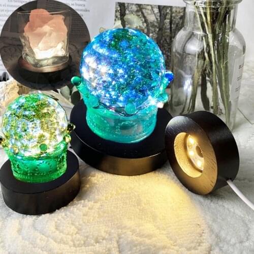 Handmade Wooden LED Light Dispaly Base 3D Crystal Glass Resin Art Ornament Lamp Lighted Stand