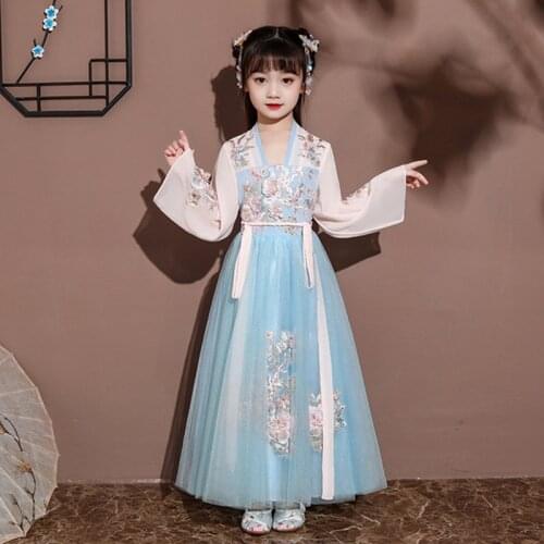 Kids costume Hanfu girl flower princess skirt Hanfu elegant fairy Chinese skirt Tang costume long sleeve dress kids clothing