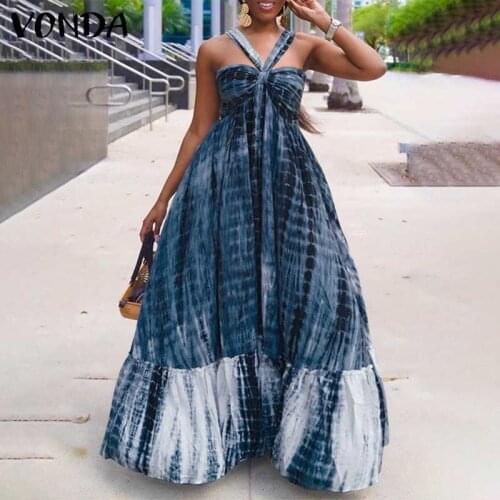 Long Maxi Dress VONDA S- Sexy Sleeveless Ruffled Hem Baggy Bow Pleated Dresses Women Vintage Printed Sundress Vestidos