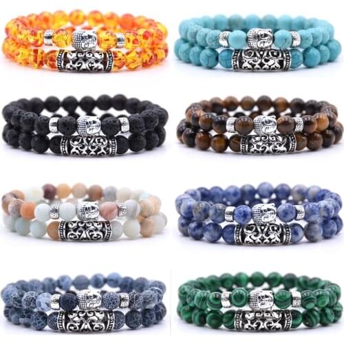 Eif Dock 2PCS/Set Buddha Head Charm Natural 8mm Stone Beads Bracelet Sets For Women Men Handmade Yoga Prayer Bracelet Set