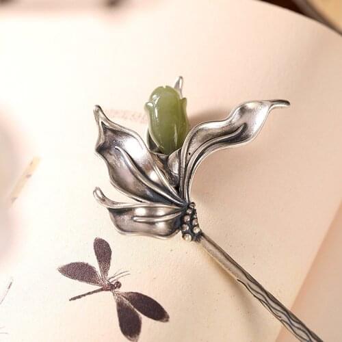 Chinese Jade Hair Stick Butterfly 925 Sterling Silver Hair Accessory Sticks Women Jewelry Ancient Hairpin Vintage Gifts Girl